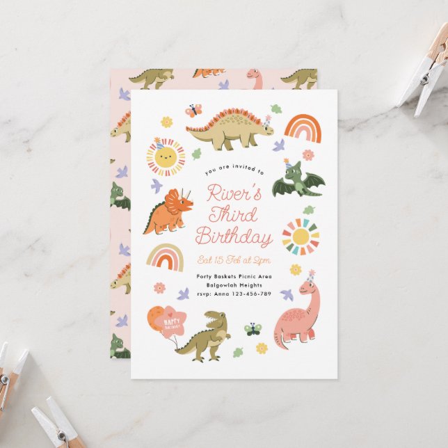 Invitación Fiesta de Cumpleaños de Dinosaurio Adorable (Anverso/Reverso In Situ)