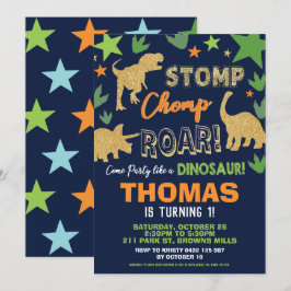 Invitación Fiesta de cumpleaños de Dinosaurio Bash Boy Roarso