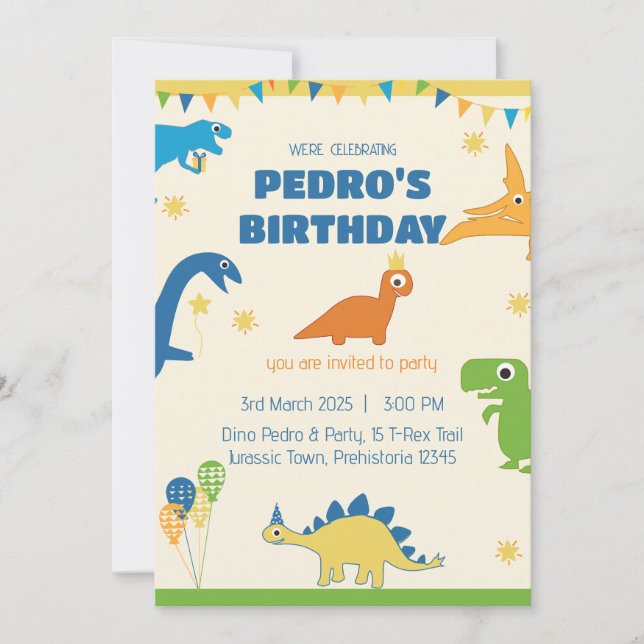 Invitación Fiesta de Cumpleaños de Dinosaurio Caprichosa  (Anverso)