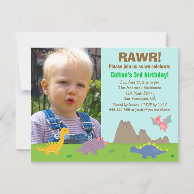 Invitación Fiesta de Cumpleaños de Dinosaurio Colorido (Anverso)