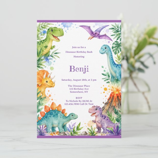 Invitación Fiesta de Cumpleaños de Dinosaurio Colorido (Anverso de pie)