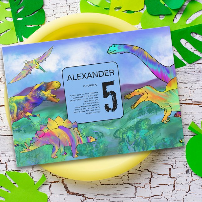 Invitación fiesta de cumpleaños de dinosaurio colorido (Dinosaur 5th birthday party invitation colorful watercolor T-Rex velociraptor stegosaurus pterodacty)