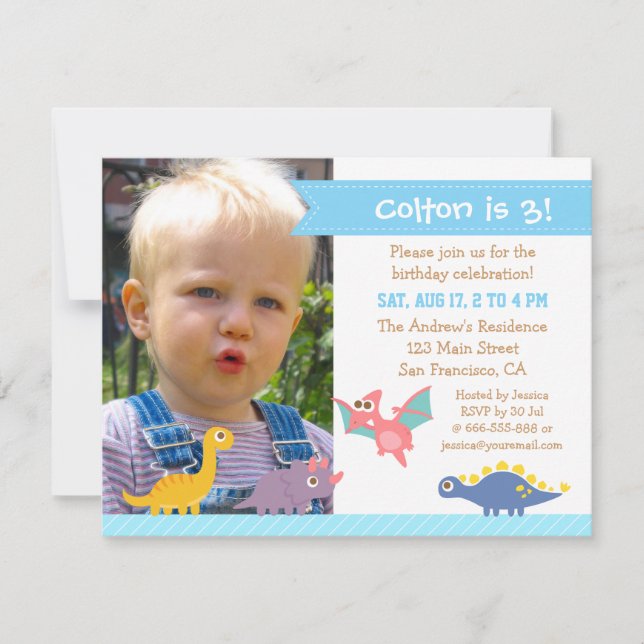 Invitación Fiesta de Cumpleaños de Dinosaurio Colorido y Dive (Anverso)