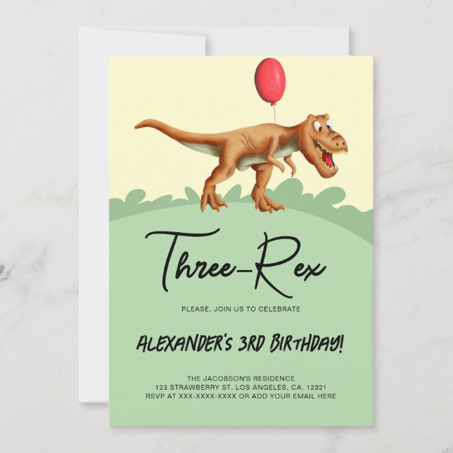 Invitación Fiesta de cumpleaños de Dinosaurio Cute de tres re (Anverso)