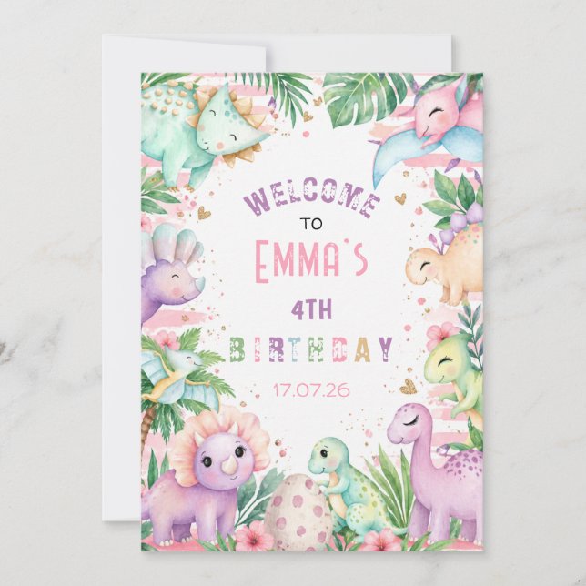 Invitación Fiesta de Cumpleaños de Dinosaurio Lindo Pastel de (Anverso)
