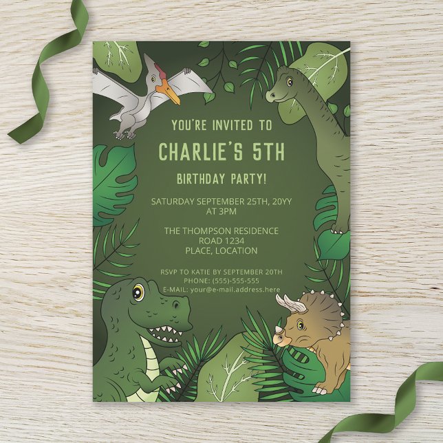 Invitación Fiesta de Cumpleaños de Dinosaurio Lindo Verde Sel (Subido por el creador)