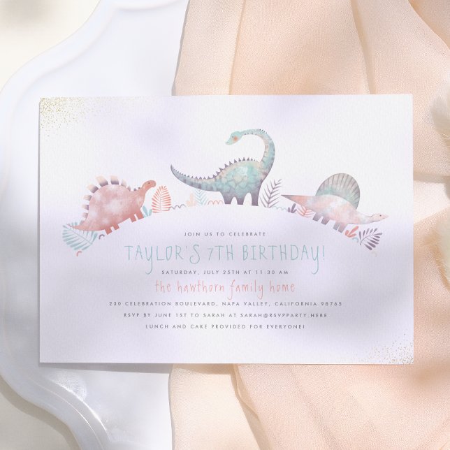 Invitación Fiesta de cumpleaños de dinosaurio niña lindo turq (Subido por el creador)