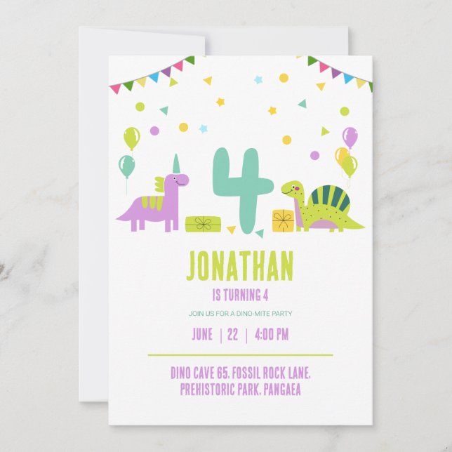 Invitación Fiesta de Cumpleaños de Dinosaurio Pastel para Niñ (Anverso)