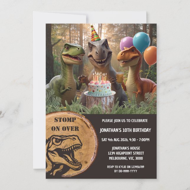 Invitación Fiesta de Cumpleaños de Dinosaurio Pisotear (Anverso)