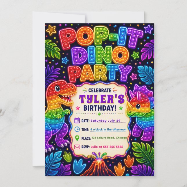 Invitación Fiesta de Cumpleaños de Dinosaurio Pop It (Anverso)