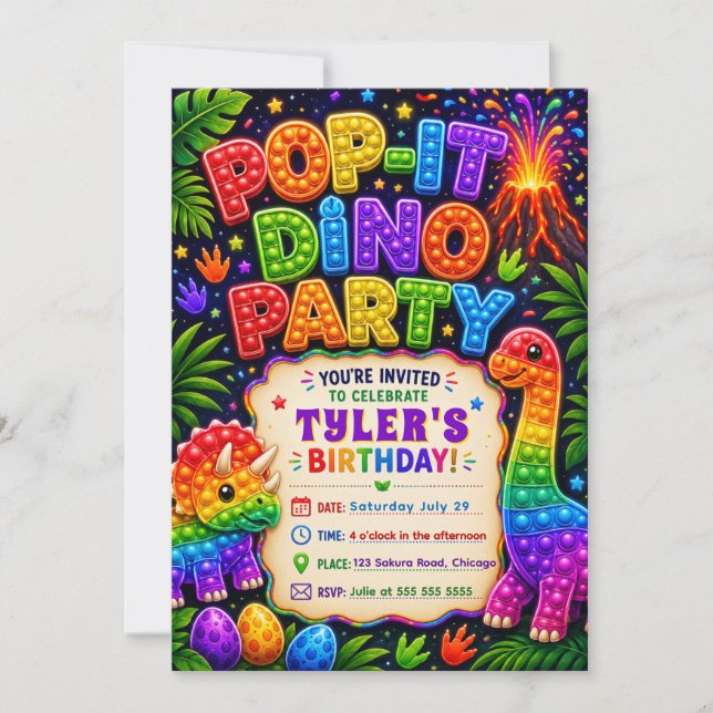 Invitación Fiesta de cumpleaños de dinosaurio Pop It (Anverso)