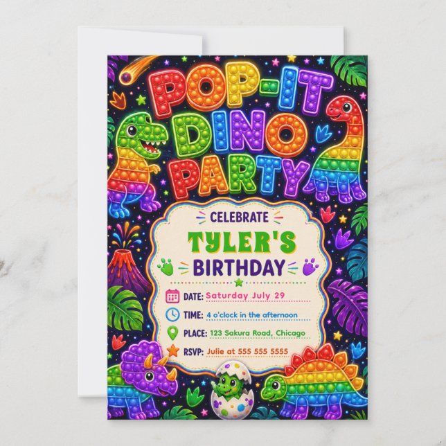 Invitación Fiesta de Cumpleaños de Dinosaurio Pop It (Anverso)