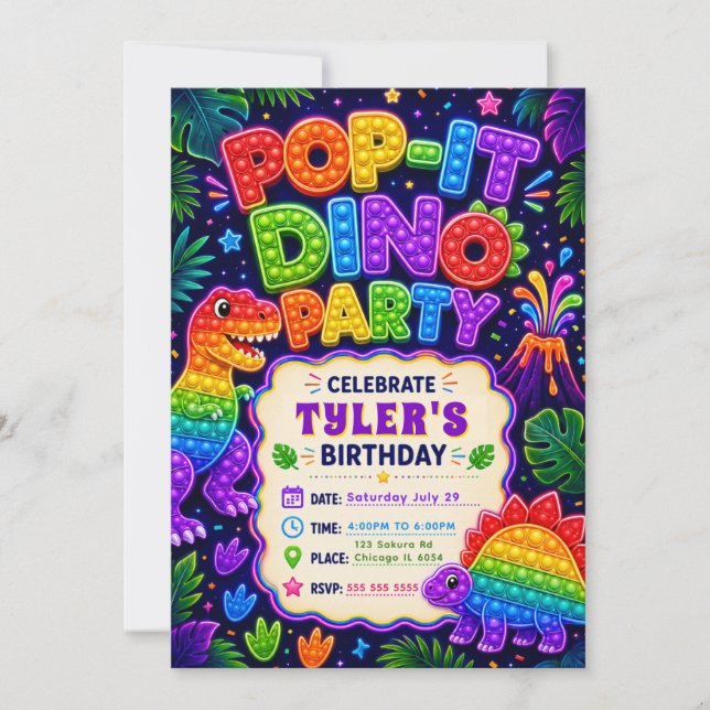Invitación Fiesta de cumpleaños de dinosaurio Pop It (Anverso)