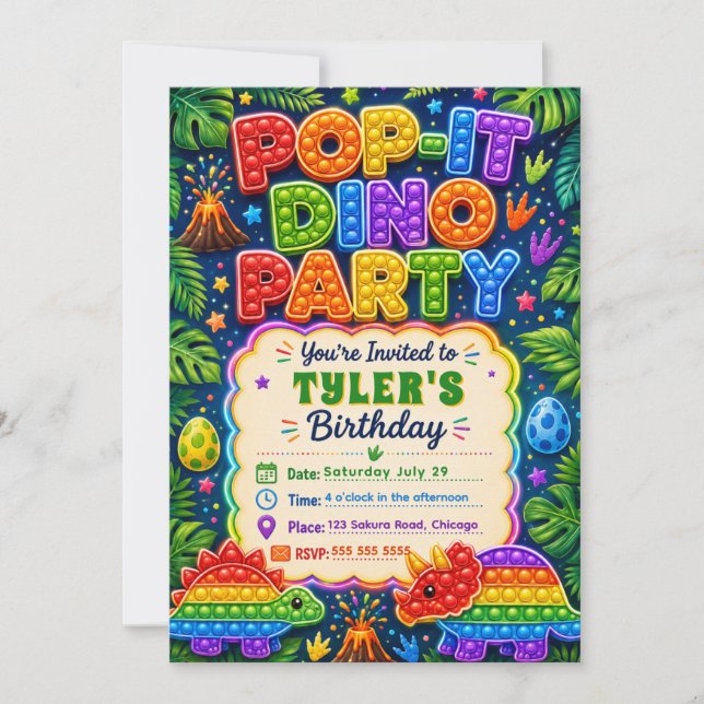 Invitación Fiesta de Cumpleaños de Dinosaurio Pop It (Anverso)