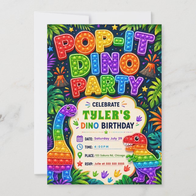 Invitación Fiesta de Cumpleaños de Dinosaurio Pop It (Anverso)