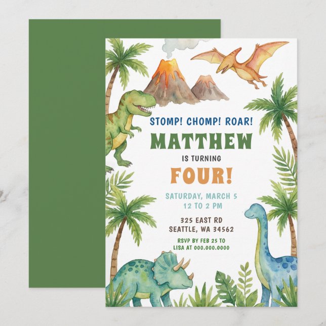 Invitación Fiesta de Cumpleaños de Dinosaurio Prehistórico (Anverso / Reverso)