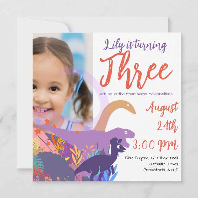 Invitación Fiesta de cumpleaños de dinosaurio rugiente para n (Anverso)