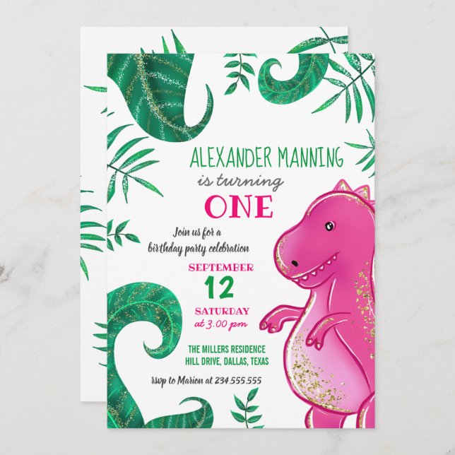 Invitación Fiesta de Cumpleaños de Dinosaurio | T-Rex Rosa Li (Anverso / Reverso)
