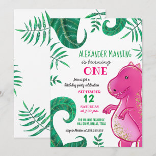 Invitación Fiesta de Cumpleaños de Dinosaurio T-Rex Rosa Li