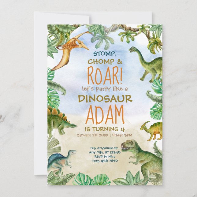 Invitación Fiesta de cumpleaños de dinosaurio tema jurásico p (Anverso)
