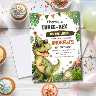 Invitación Fiesta de Cumpleaños de Dinosaurio Tres Rex Jungla