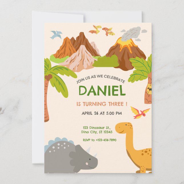 Invitación Fiesta de Cumpleaños de Dinosaurio Volcán (Anverso)