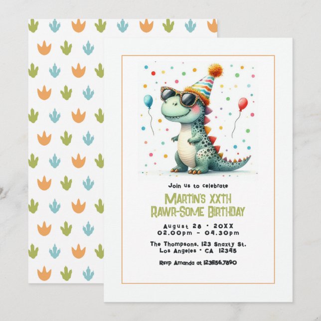 Invitación Fiesta de Cumpleaños de Dinosaurios (Anverso / Reverso)