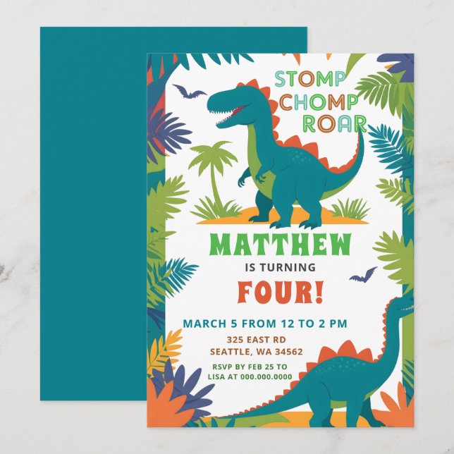 Invitación Fiesta de Cumpleaños de Dinosaurios (Anverso / Reverso)