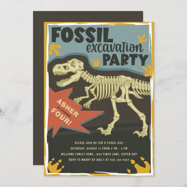 Invitación Fiesta de cumpleaños de dinosaurios de Excavación  (Anverso / Reverso)