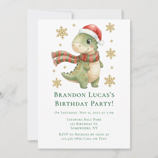 Invitación Fiesta de cumpleaños de dinosaurios de Navidad par (Anverso)