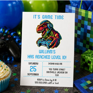 Invitación Fiesta de cumpleaños de dinosaurios de videojuegos