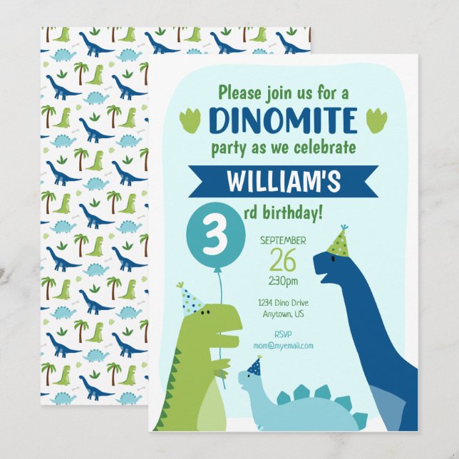 Invitación Fiesta de cumpleaños de dinosaurios Dino Fiesta Az (Anverso / Reverso)