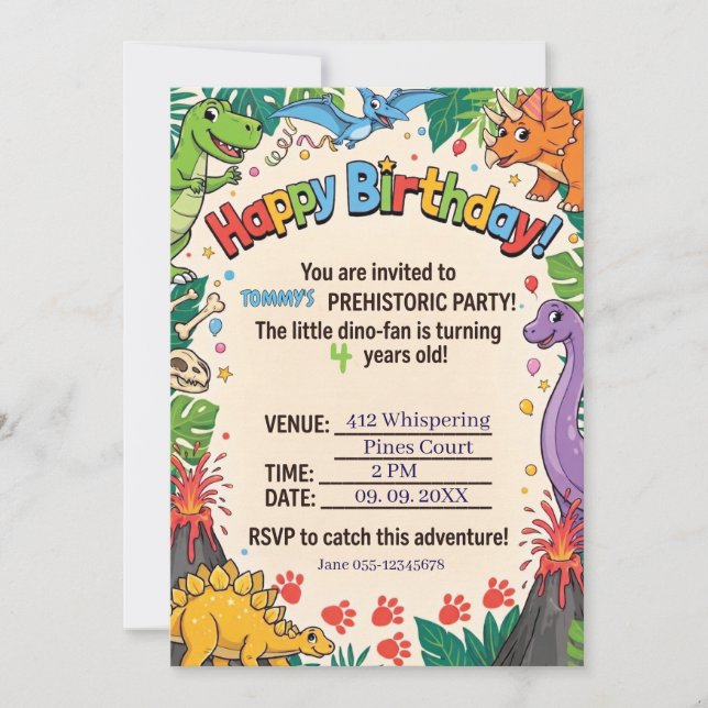 Invitación Fiesta de cumpleaños de dinosaurios prehistóricos  (Anverso)