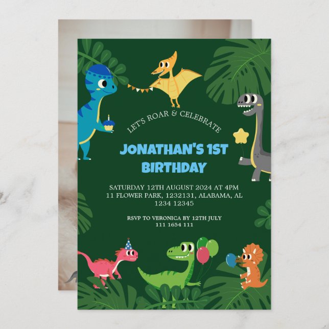 Invitación Fiesta de cumpleaños de dinosaurios Primer cumplea (Anverso / Reverso)