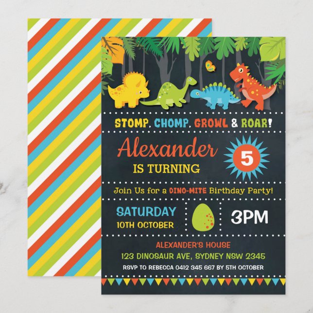Invitación Fiesta de cumpleaños de dinosaurios Roar Chalkboar (Anverso / Reverso)