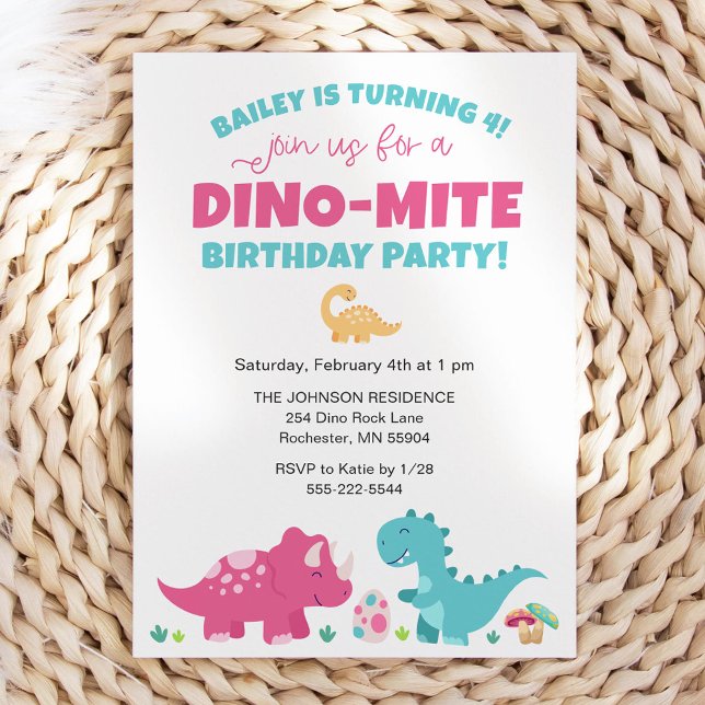 Invitación Fiesta de cumpleaños de dinosaurios rosas y azules (Subido por el creador)