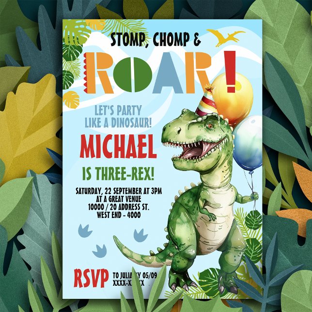 Invitación Fiesta de cumpleaños de dinosaurios triples (Stomp, Chomp & Roar - get ready to party like dinosaur with our three-rex invitation!)