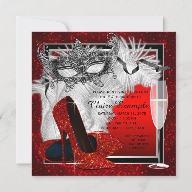 Invitación Fiesta de cumpleaños de disfraz de mujer roja y ne (Anverso)