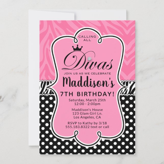 Invitación Fiesta de cumpleaños de Diva Zebra Rosa y Chica Ne (Anverso)