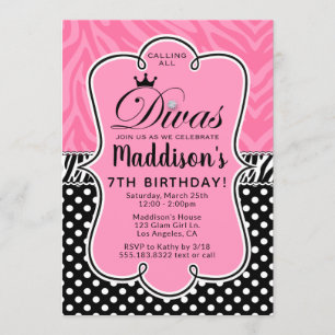 Invitación Fiesta de cumpleaños de Diva Zebra Rosa y Chica Ne