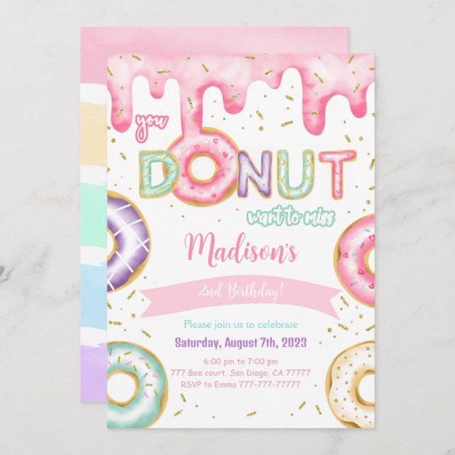 Invitación Fiesta de cumpleaños de Donut Editable (Anverso / Reverso)