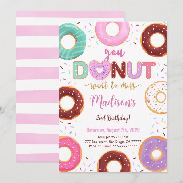 Invitación Fiesta de cumpleaños de Donut Editable (Anverso / Reverso)