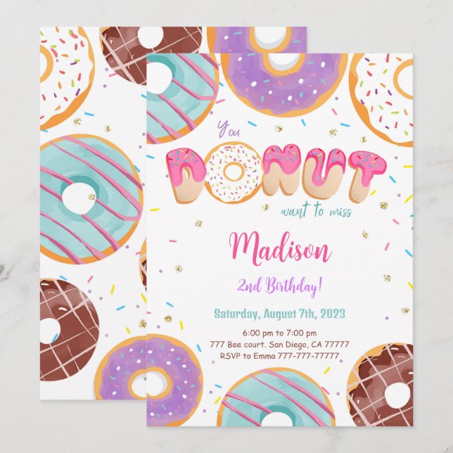 Invitación Fiesta de cumpleaños de Donut Editable (Anverso / Reverso)