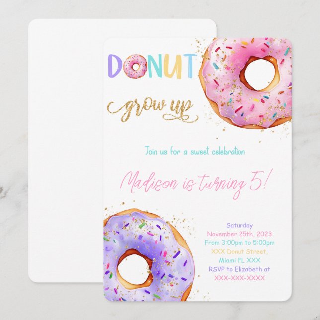 Invitación Fiesta de cumpleaños de Donut Rosado (Anverso / Reverso)