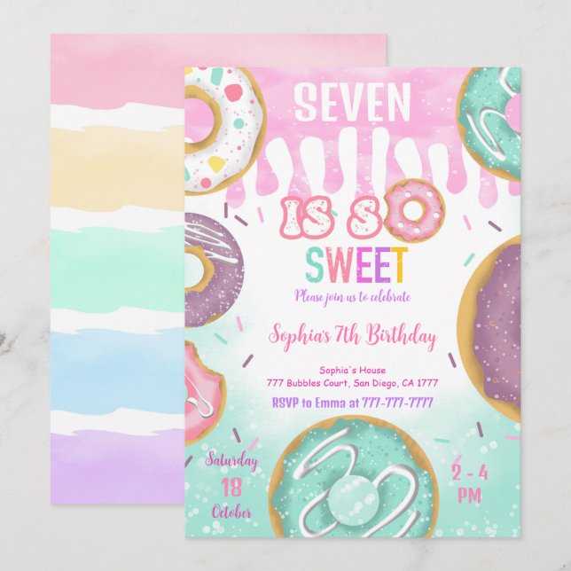 Invitación Fiesta de cumpleaños de Donut Verde y Morado (Anverso / Reverso)