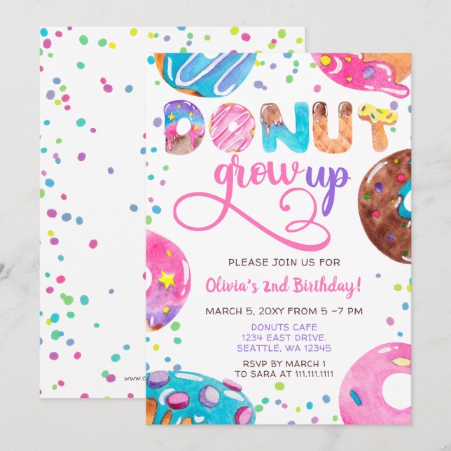 Invitación Fiesta de cumpleaños de donuts azul púrpura divert (Anverso / Reverso)