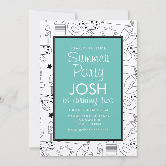 Invitación Fiesta de cumpleaños de Doodle en la playa de Vera (Anverso)