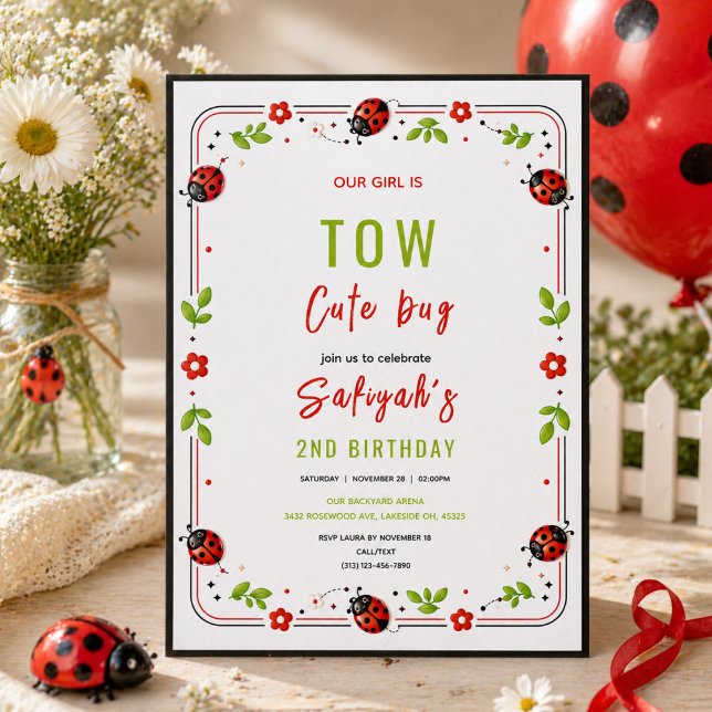 Invitación Fiesta de Cumpleaños de Dos Años de Dos Mariquitas (Two Cute Ladybug 2nd Birthday Party for Kids Invitation
)