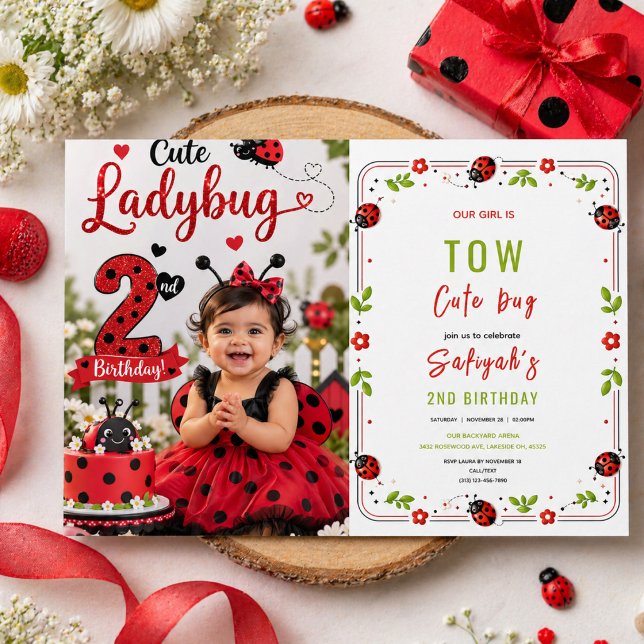Invitación Fiesta de Cumpleaños de Dos Años de Dos Mariquitas (Two Cute Ladybug 2nd Birthday Party for Kids Invitation
)