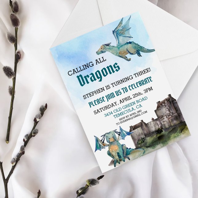 Invitación Fiesta de cumpleaños de dragones acuarela para tod (Subido por el creador)